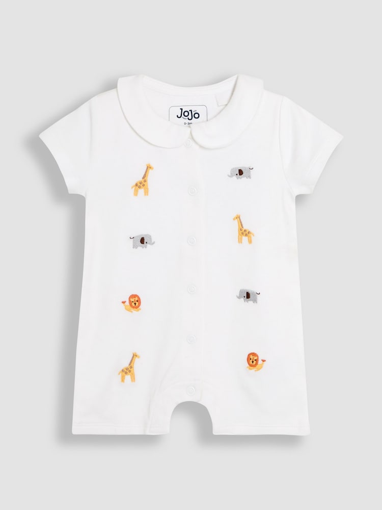 JoJo Maman Bébé White 100% Organic Cotton Short Sleeve Safari Embroidered Sleepsuit - Image 1 of 3