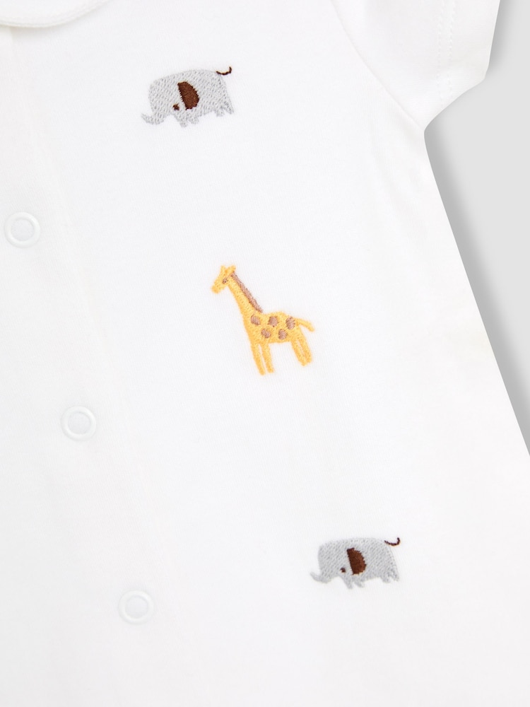 JoJo Maman Bébé White 100% Organic Cotton Short Sleeve Safari Embroidered Sleepsuit - Image 3 of 3