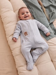 JoJo Maman Bébé Blue 100% Organic Cotton Bear Embroidered Sleepsuit - Image 1 of 7