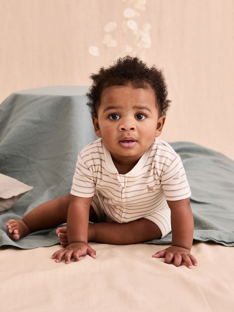 JoJo Maman Bébé Cream 100% Cotton Short-Sleeved Stripe Romper - Image 1 of 6 JoJo Maman Bébé Cream 100% Cotton Short-Sleeved Stripe Romper - Image 1 of 6