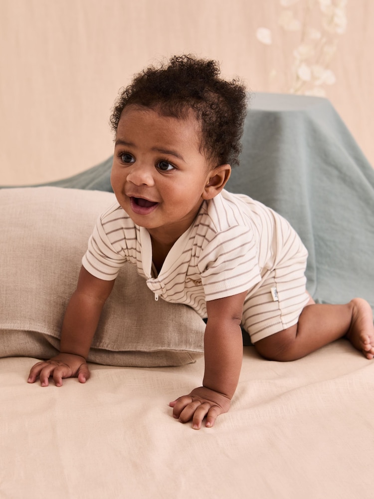JoJo Maman Bébé Cream 100% Cotton Short-Sleeved Stripe Romper - Image 3 of 6