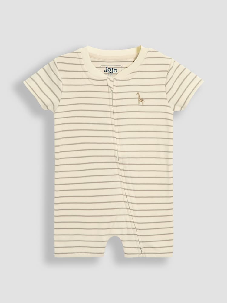 JoJo Maman Bébé Cream 100% Cotton Short-Sleeved Stripe Romper - Image 4 of 6