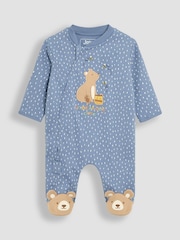 JoJo Maman Bébé Blue 100% Cotton Footed Appliqué Zip Sleepsuit - Image 1 of 3