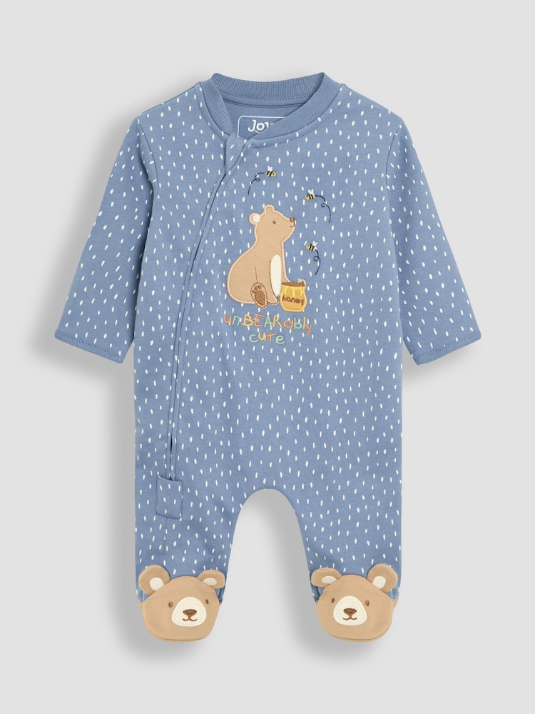 JoJo Maman Bébé Blue 100% Cotton Footed Appliqué Zip Sleepsuit - Image 1 of 3