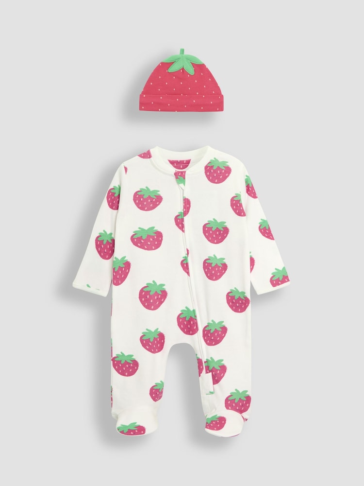 JoJo Maman Bébé White 2-Pack Strawberry Sleepsuit & Hat Set - Image 1 of 4