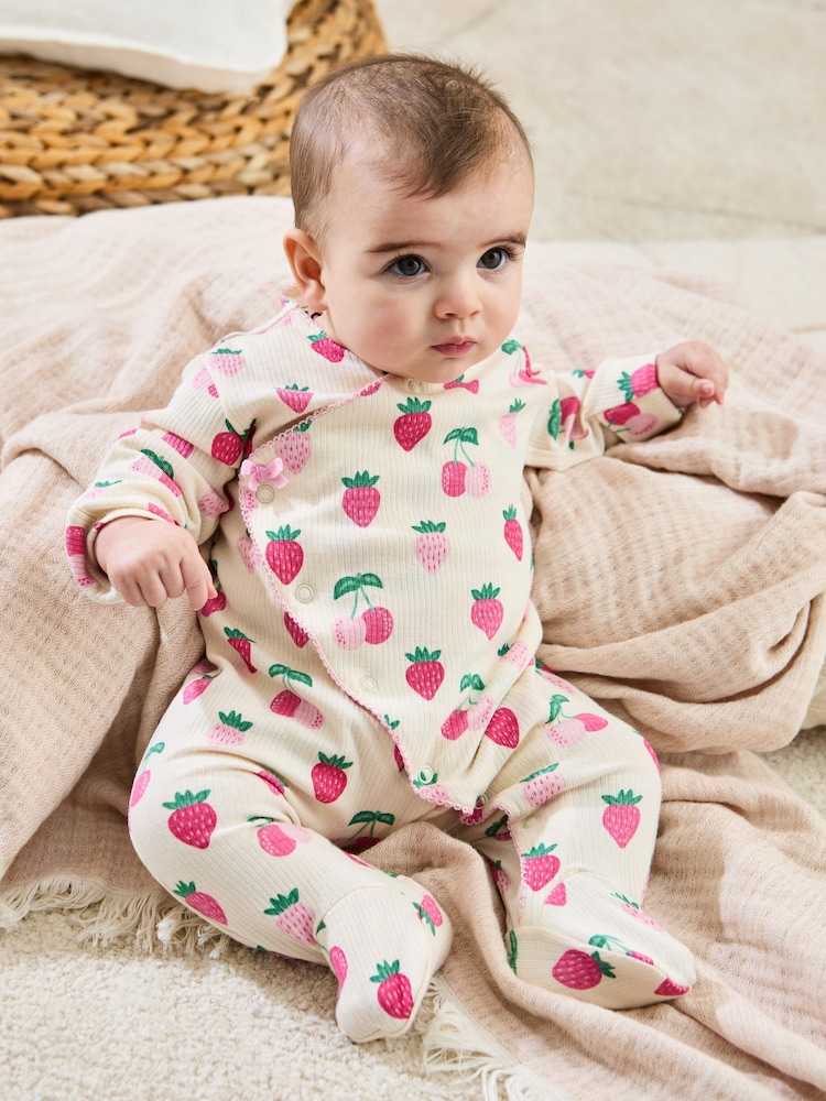 JoJo Maman Bébé Cream Cotton Footed Cross-Over 100% Cotton Sleepsuit - Image 1 of 5