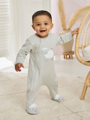 Gris - JoJo Maman Bébé 100% Cotton Footed Appliqué Zip Sleepsuit - Imagen 1 de 7