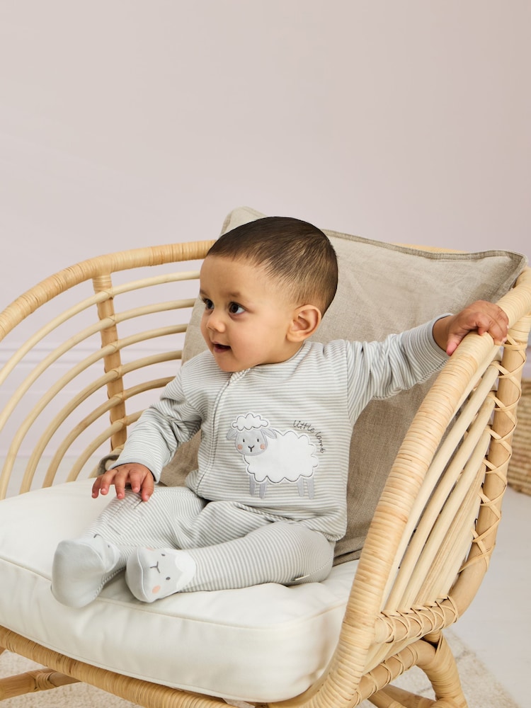 Gris - JoJo Maman Bébé 100% Cotton Footed Appliqué Zip Sleepsuit - Imagen 2 de 7