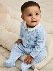 JoJo Maman Bébé Blue 100% Cotton Footed Collared Sleepsuit - Image 1 of 6