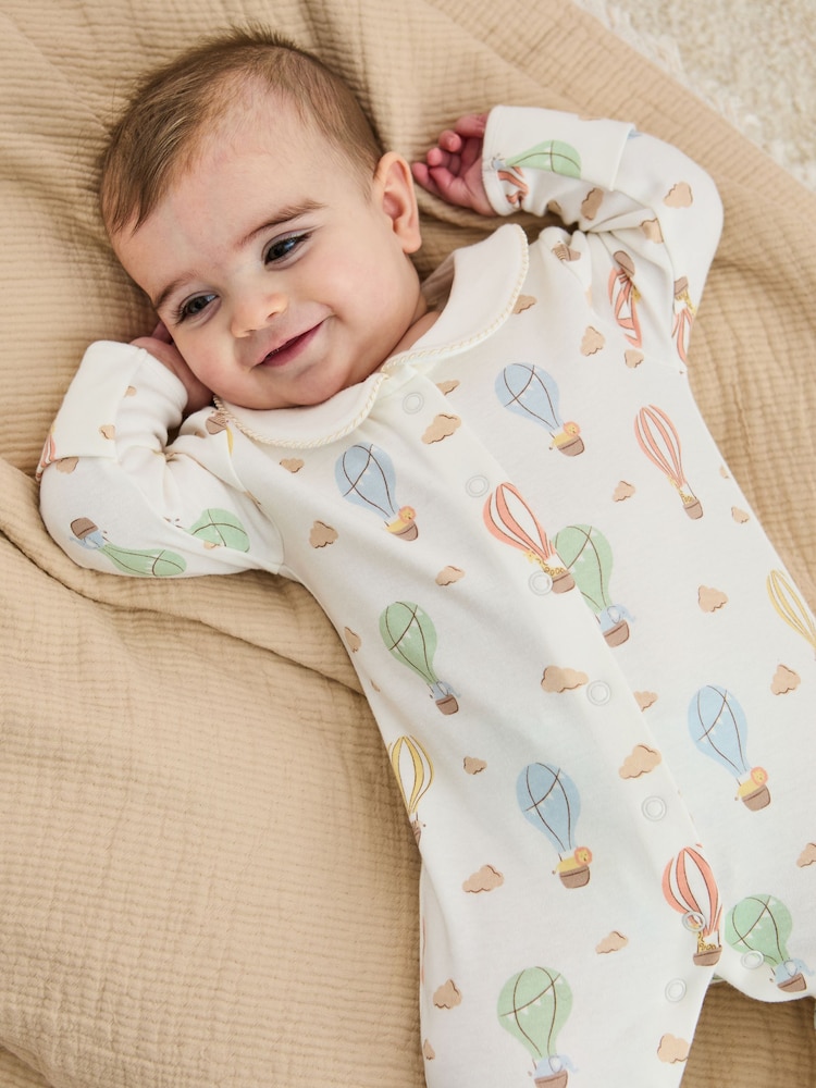 JoJo Maman Bébé Cream Cotton Collared Print Footed Sleepsuit - Image 2 of 6 JoJo Maman Bébé Cream Cotton Collared Print Footed Sleepsuit - Image 2 of 6