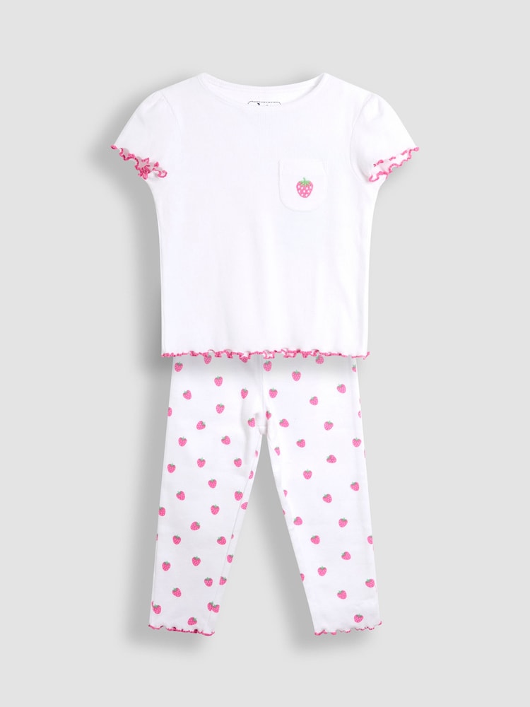 JoJo Maman Bébé White 100% Cotton Strawberry Embroidered Rib Pyjamas - Image 1 of 4
