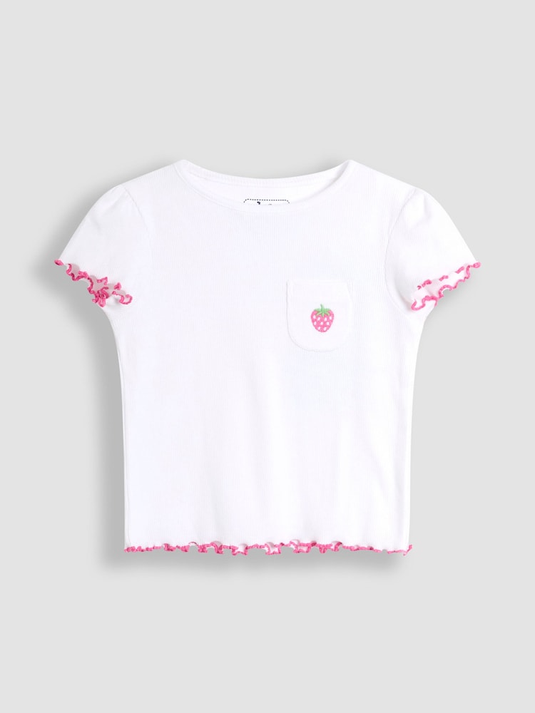 JoJo Maman Bébé White 100% Cotton Strawberry Embroidered Rib Pyjamas - Image 2 of 4