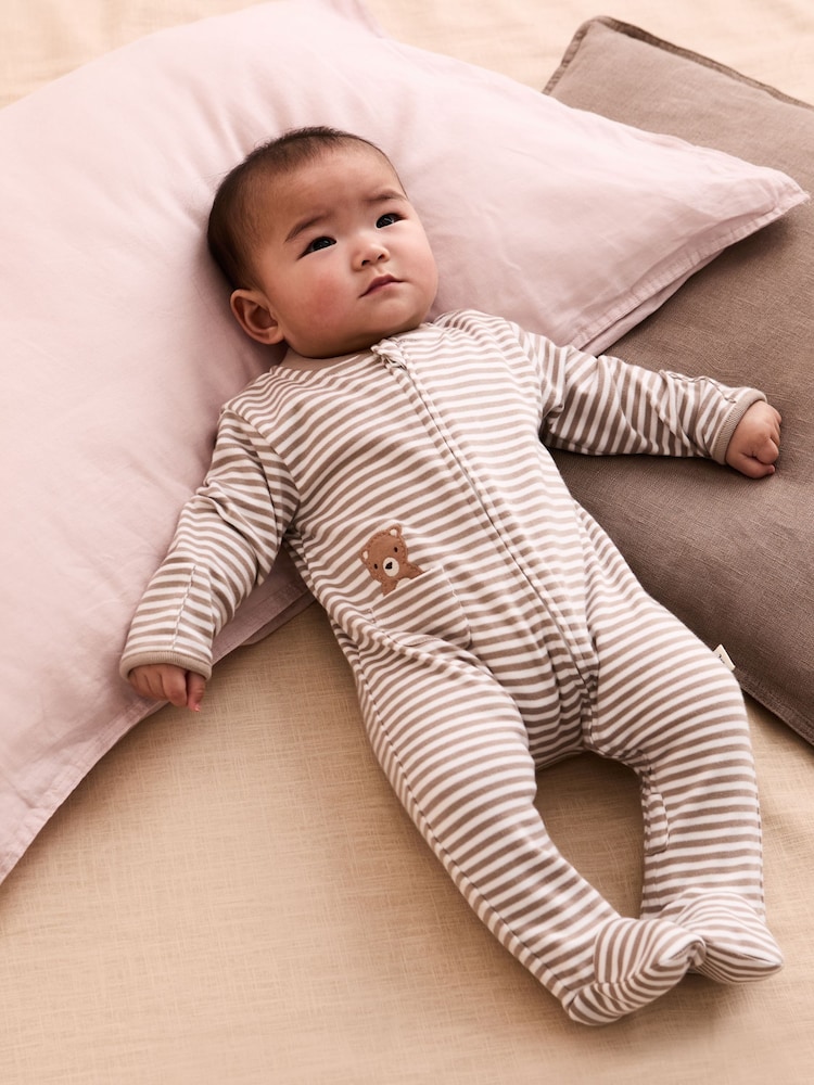 JoJo Maman Bébé Tan Organic Cotton Footed Pocket Zip Sleepsuit - Image 1 of 6