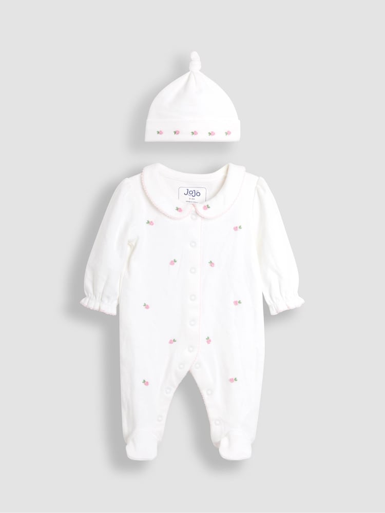 JoJo Maman Bébé Cream Cotton Collared 2-Piece Embroidered Sleepsuit and Hat Set - Image 1 of 5