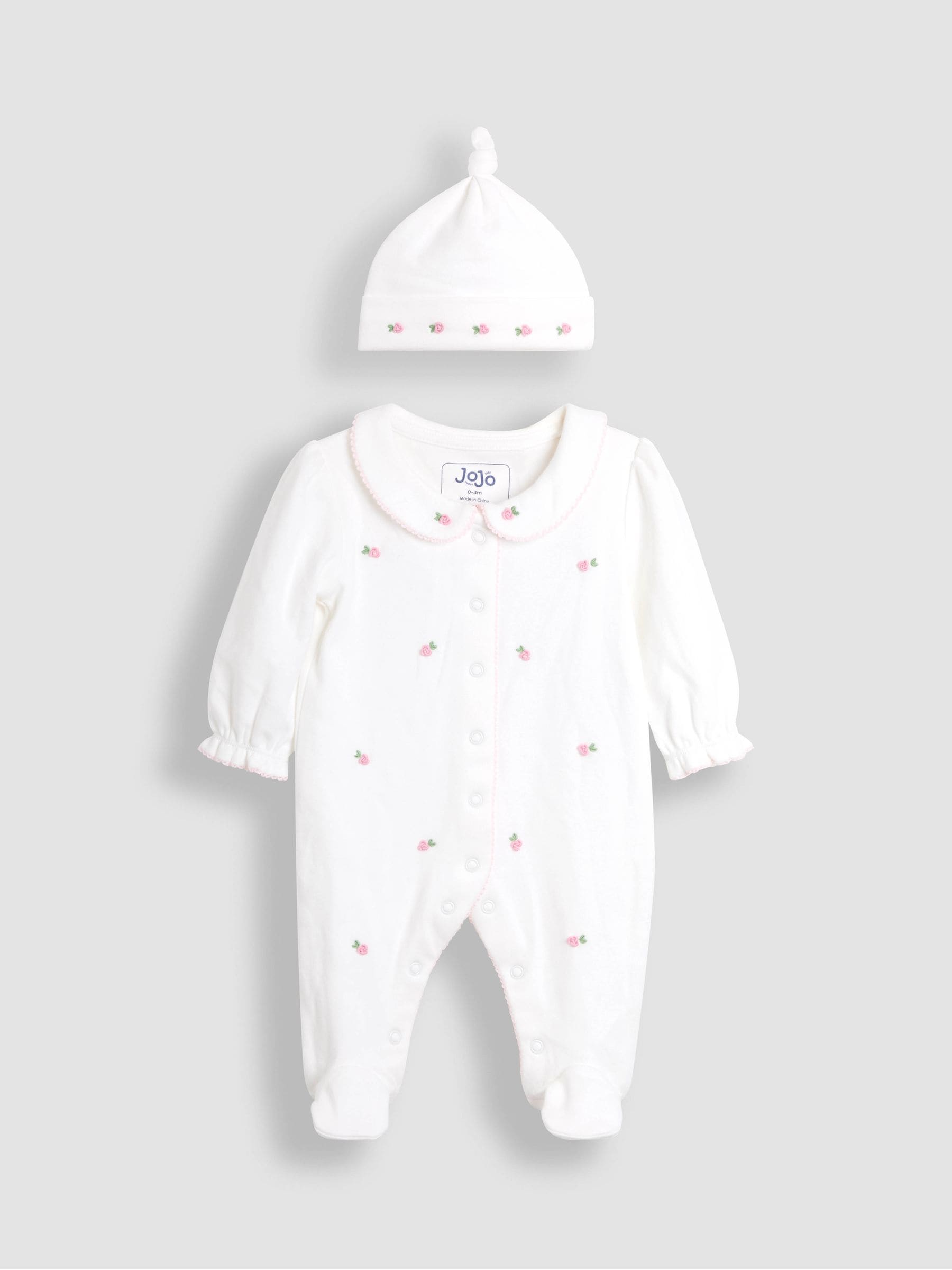 JoJo Maman Bébé Cream Cotton Collared 2-Piece Embroidered Sleepsuit and Hat Set view 1