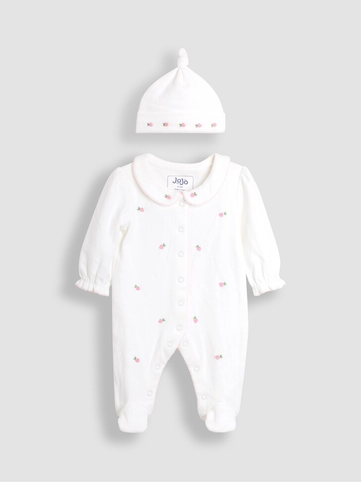 JoJo Maman Bébé Cream Cotton Collared 2-Piece Embroidered Sleepsuit and Hat Set