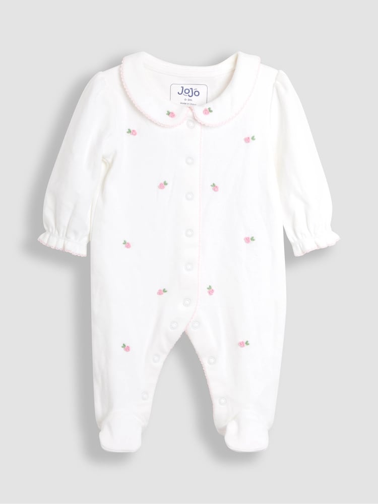 JoJo Maman Bébé Cream Cotton Collared 2-Piece Embroidered Sleepsuit and Hat Set - Image 2 of 5