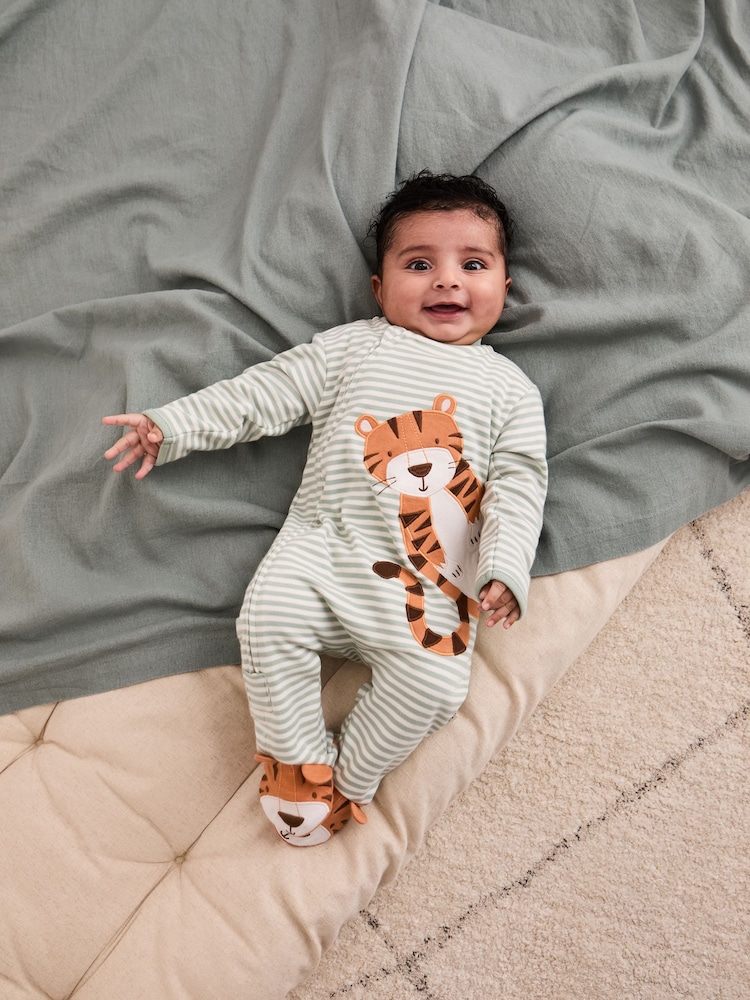 JoJo Maman Bébé Green 100% Cotton Footed Appliqué Zip Sleepsuit - Image 1 of 7