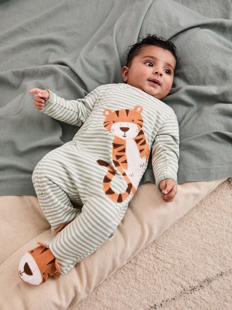 JoJo Maman Bébé Green 100% Cotton Footed Appliqué Zip Sleepsuit - Image 2 of 7