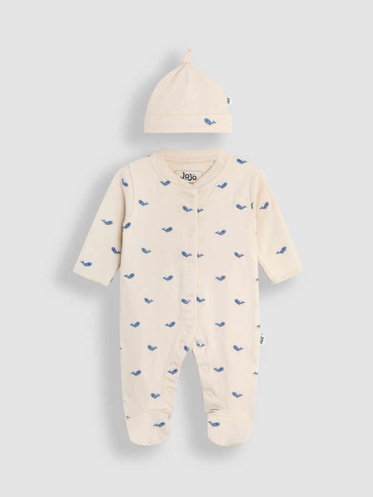 JoJo Maman Bébé Natural Whale Embroidered Cotton 2-Piece Sleepsuit and Hat Set