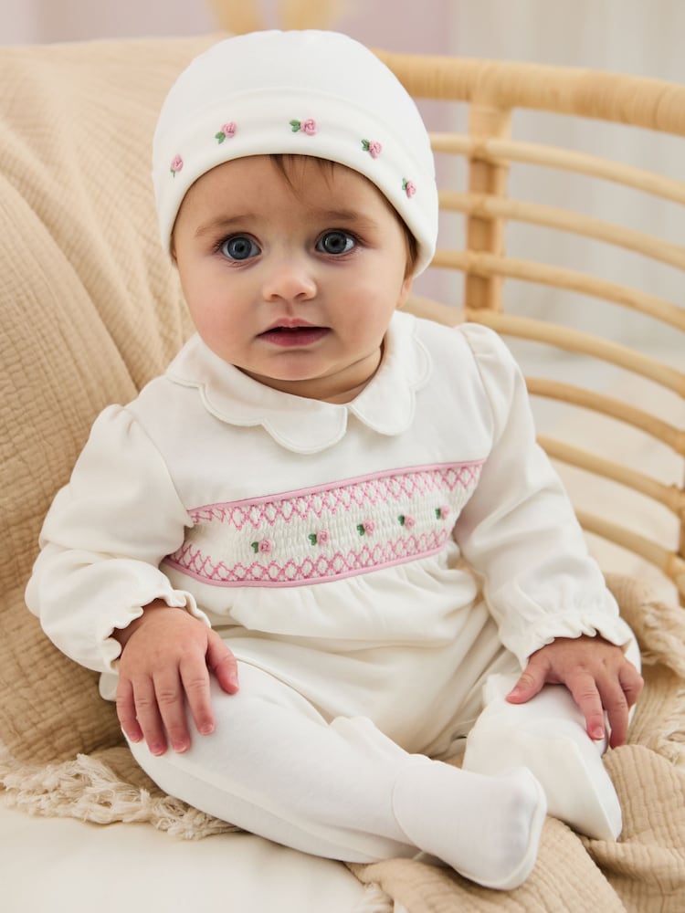 JoJo Maman Bébé Cream 100% Cotton Smocked Sleepsuit and Hat Set 2 Piece - Image 1 of 7