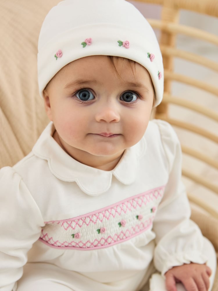 JoJo Maman Bébé Cream 100% Cotton Smocked Sleepsuit and Hat Set 2 Piece - Image 2 of 7