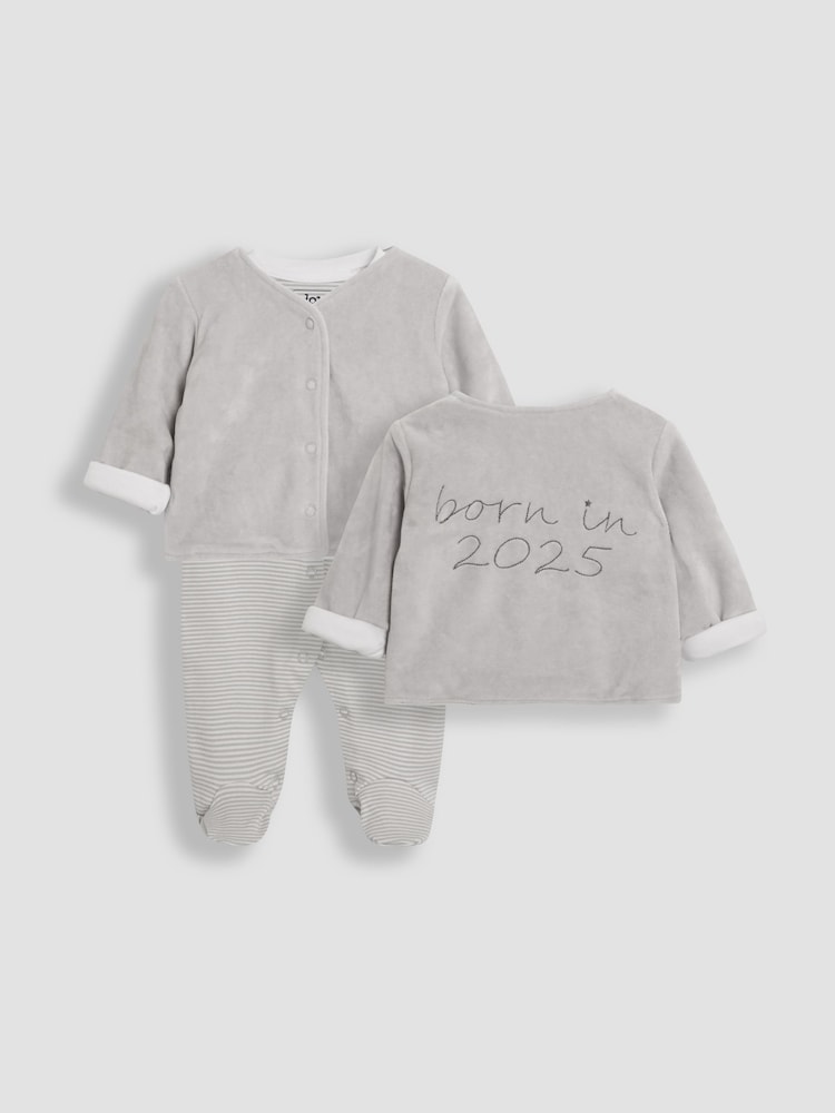 JoJo Maman Bébé Stripe Born In 2025 2-Piece Footed Sleepsuit & Velour Jacket - Image 2 of 9 JoJo Maman Bébé Stripe Born In 2025 2-Piece Footed Sleepsuit & Velour Jacket - Image 2 of 9