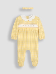 JoJo Maman Bébé Yellow Smocked 100% Cotton Sleepsuit and Headband Set 2 Piece - Image 1 of 5