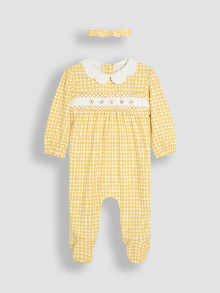 JoJo Maman Bébé Yellow Smocked 100% Cotton Sleepsuit and Headband Set 2 Piece - Image 1 of 5