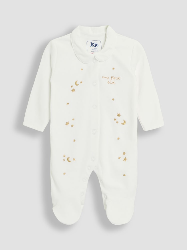 JoJo Maman Bébé White 100% Cotton Embroidered Eid Sleepsuit - Image 1 of 3
