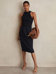 Marineblauw - Reiss Gabi Pleated Crepe Pencil Skirt - Image 1 of 7