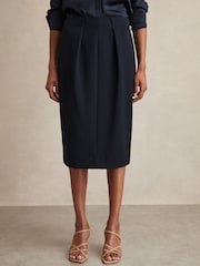 Marineblauw - Reiss Gabi Pleated Crepe Pencil Skirt - Image 3 of 7