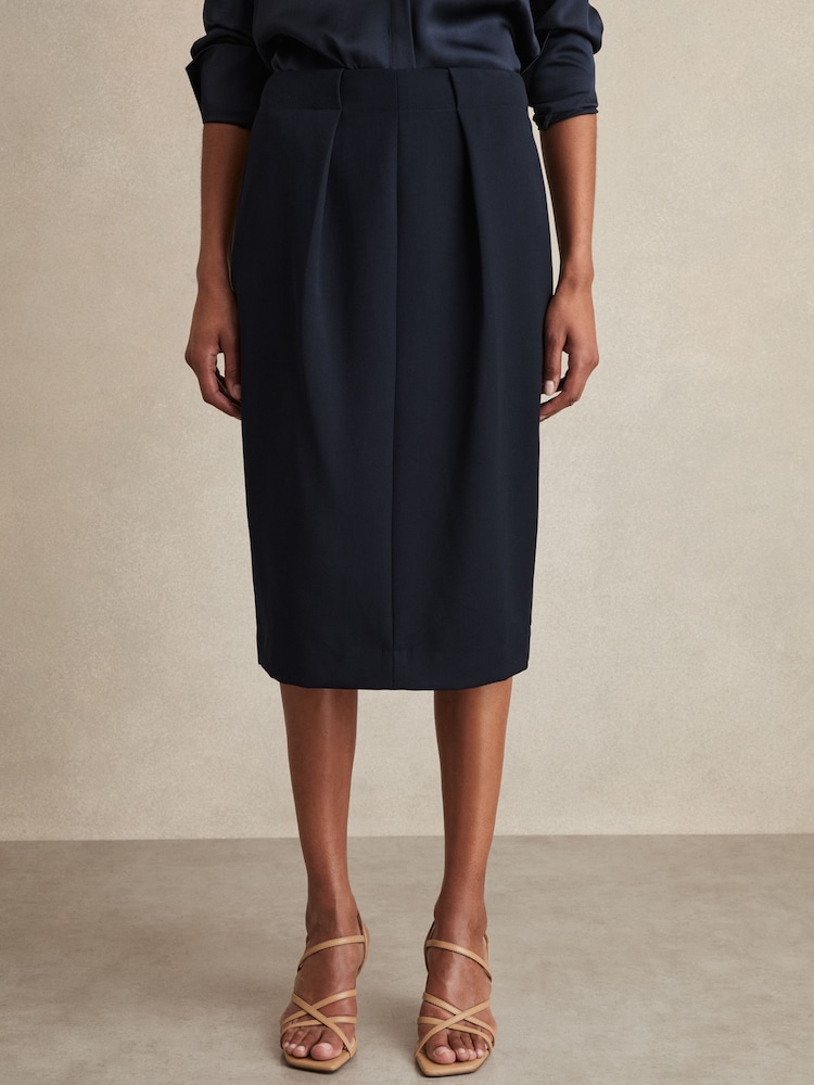 Marineblauw - Reiss Gabi Pleated Crepe Pencil Skirt - Image 3 of 7