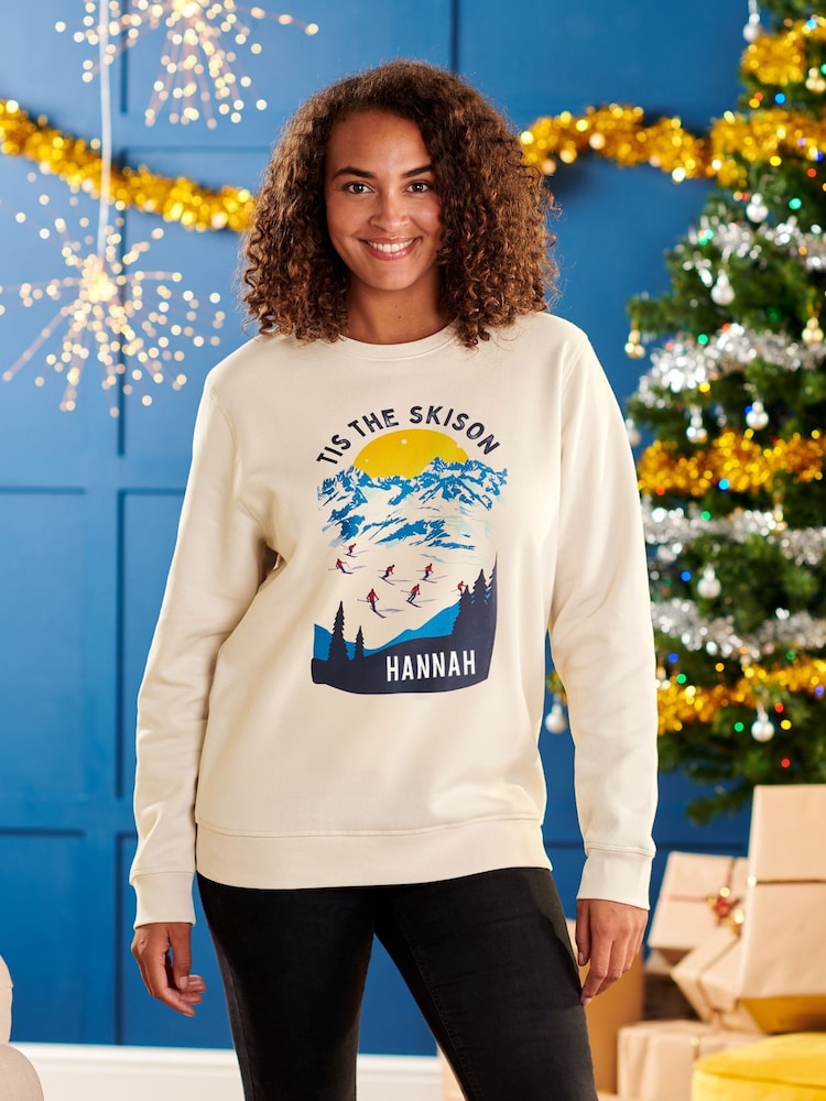 Oakdene Womens Personalised Tis The Skison White Christmas White Jumper - Image 1 of 2 Oakdene Womens Personalised Tis The Skison White Christmas White Jumper - Image 1 of 2