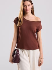 Brown Rust Asymmetric Draped Off The Shoulder Top - Image 1 of 7