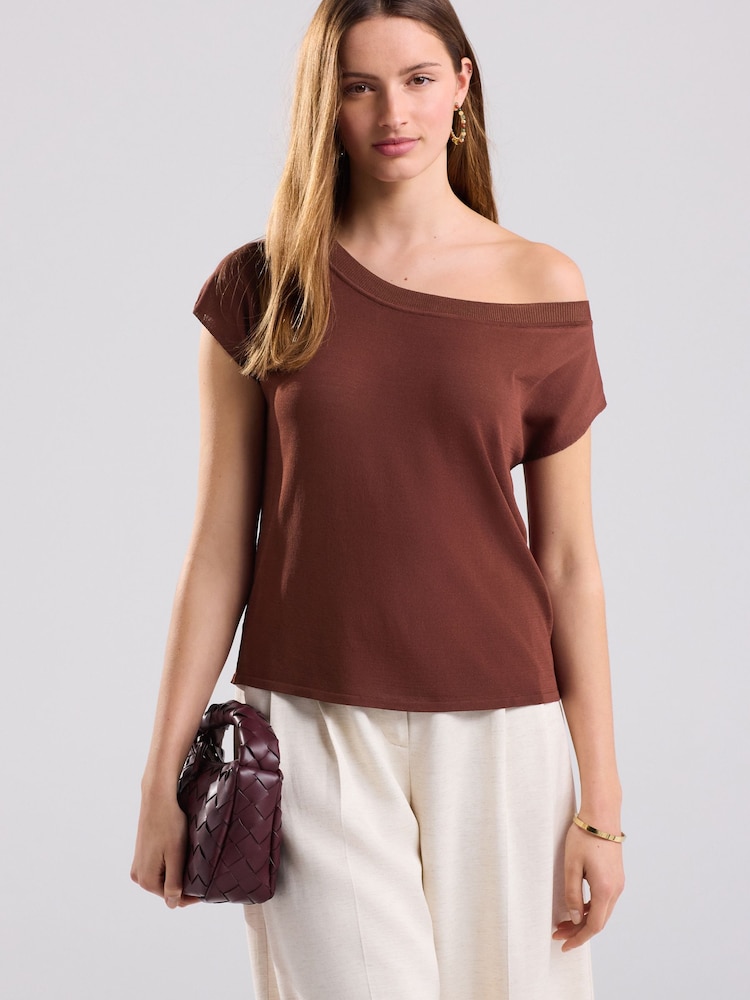 Brown Rust Asymmetric Draped Off The Shoulder Top - Image 1 of 7