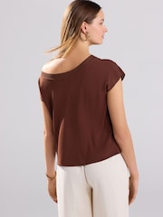 Brown Rust Asymmetric Draped Off The Shoulder Top - Image 3 of 7