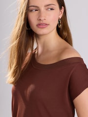 Brown Rust Asymmetric Draped Off The Shoulder Top - Image 4 of 7