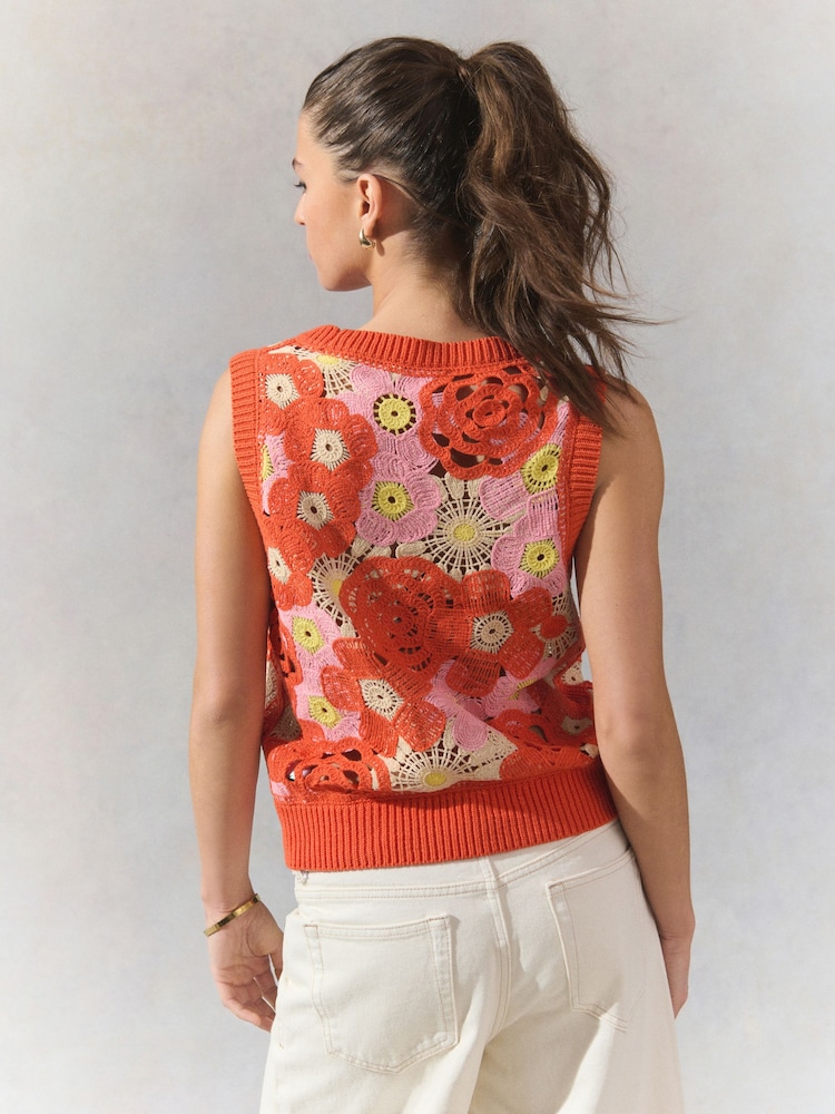 Orange Pink Floral Crochet Tank - Image 2 of 7