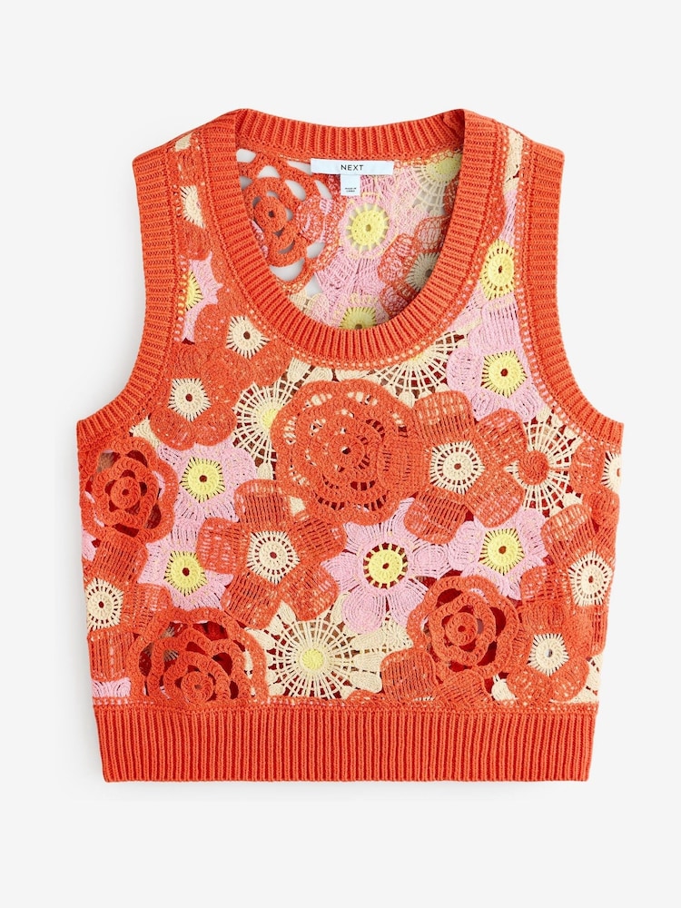 Orange Pink Floral Crochet Tank - Image 5 of 7