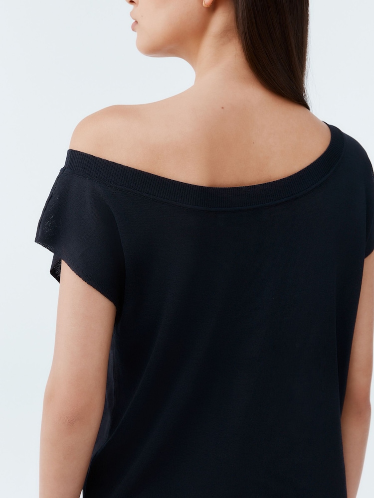 Blue Navy Asymmetric Draped Off The Shoulder Top - Image 4 of 8
