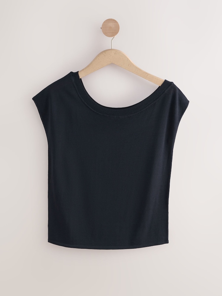 Blue Navy Asymmetric Draped Off The Shoulder Top - Image 6 of 8