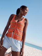Orange Multi Stripe 100% Cotton Wave Stitch Button Crochet Tank Vest - Image 2 of 7