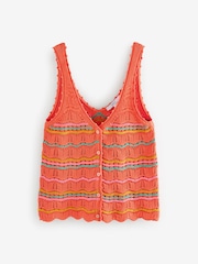 Orange Multi Stripe 100% Cotton Wave Stitch Button Crochet Tank Vest - Image 5 of 7