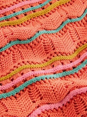 Orange Multi Stripe 100% Cotton Wave Stitch Button Crochet Tank Vest - Image 6 of 7