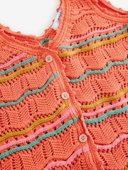 Orange Multi Stripe 100% Cotton Wave Stitch Button Crochet Tank Vest - Image 7 of 7