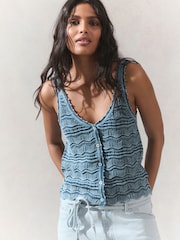 Blue Chambray 100% Cotton Wave Stitch Button Crochet Tank Vest - Image 1 of 7