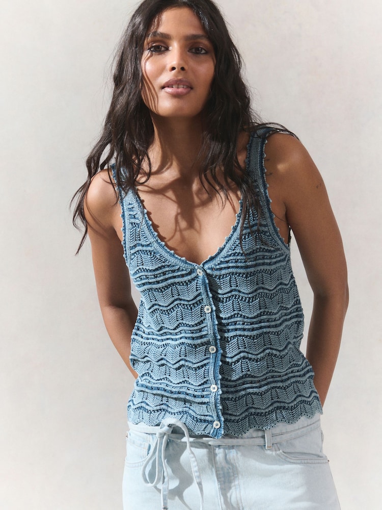 Blue Chambray 100% Cotton Wave Stitch Button Crochet Tank Vest - Image 1 of 7