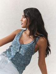 Blue Chambray 100% Cotton Wave Stitch Button Crochet Tank Vest - Image 2 of 7