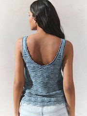 Blue Chambray 100% Cotton Wave Stitch Button Crochet Tank Vest - Image 3 of 7